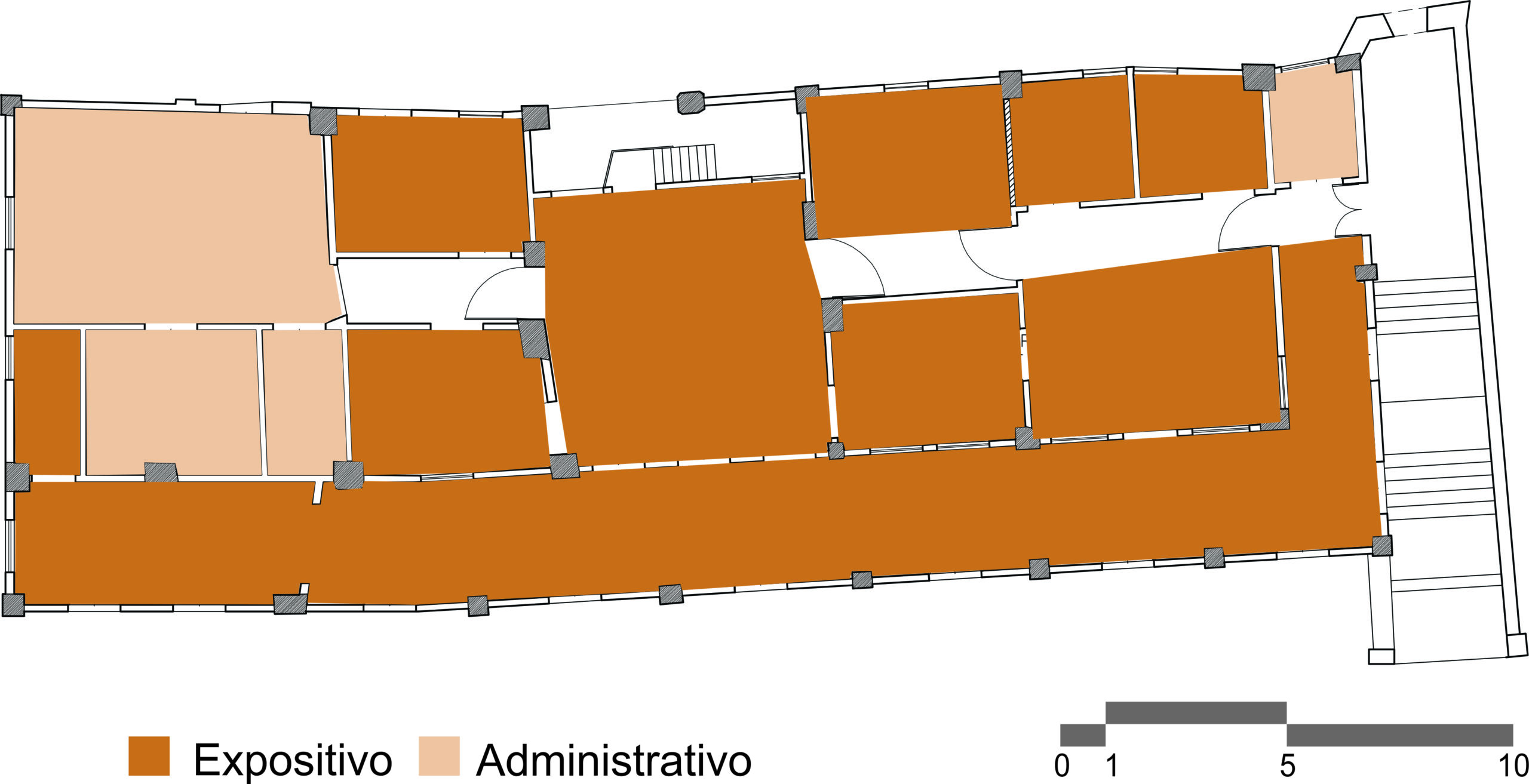 Desenho da planta baixa do pavimento térreo do museu, apresentando a organização dos espaços em duas categorias, destacadas por cores: áreas expositivas (em laranja) e áreas administrativas (em bege). Abaixo da imagem, há uma legenda e, no canto inferior direito, uma escala gráfica.