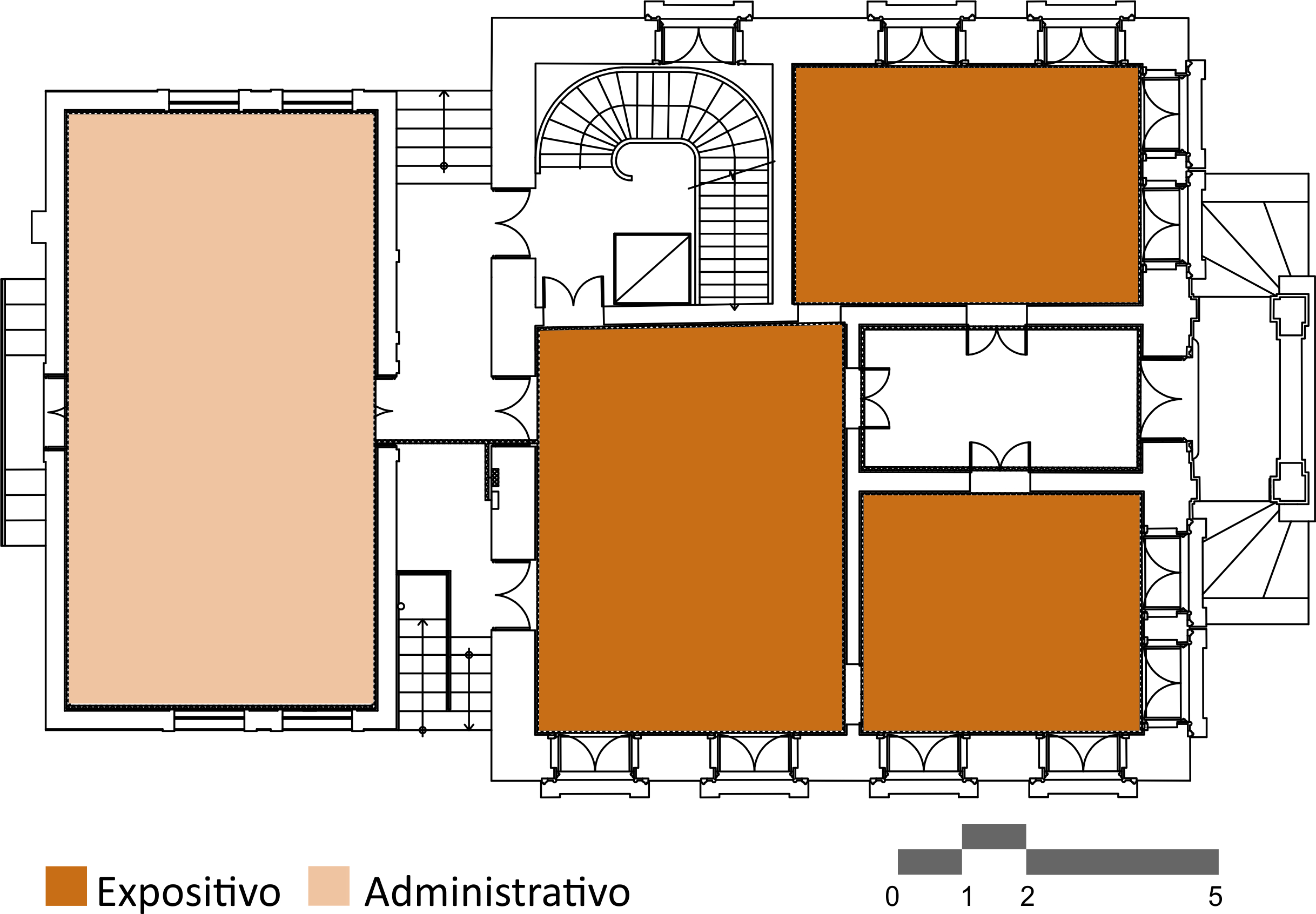 Desenho de planta baixa do andar térreo do Museu, com espaços delimitados a partir da entrada principal e destaque para a escadaria de acesso. As áreas são destacadas por cores e categorizadas da seguinte forma: cor laranja, uso expositivo, e cor bege, uso administrativo. Abaixo da imagem, há uma legenda e, no canto inferior direito, uma escala gráfica.
