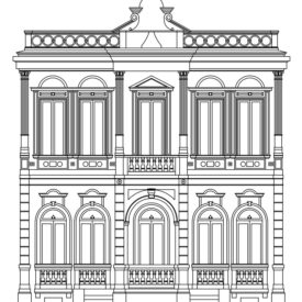 Desenho técnico em preto e branco da fachada do Museu. O desenho retrata os dois andares, com uma linha de colunas e janelas arqueadas distribuídas simetricamente ao longo da fachada. A entrada principal é central. A diversos elementos clássicos como frisos, cornija e balaústres, o que confere ao desenho uma impressão de sofisticação e equilíbrio.
