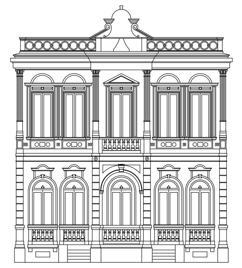Desenho técnico em preto e branco da fachada do Museu. O desenho retrata os dois andares, com uma linha de colunas e janelas arqueadas distribuídas simetricamente ao longo da fachada. A entrada principal é central. A diversos elementos clássicos como frisos, cornija e balaústres, o que confere ao desenho uma impressão de sofisticação e equilíbrio.